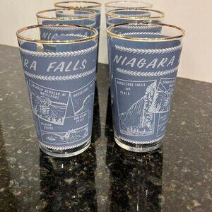 Vintage Blue Gold Rim NIAGARA FALLS -5 Collector Glass Drinking Tumblers